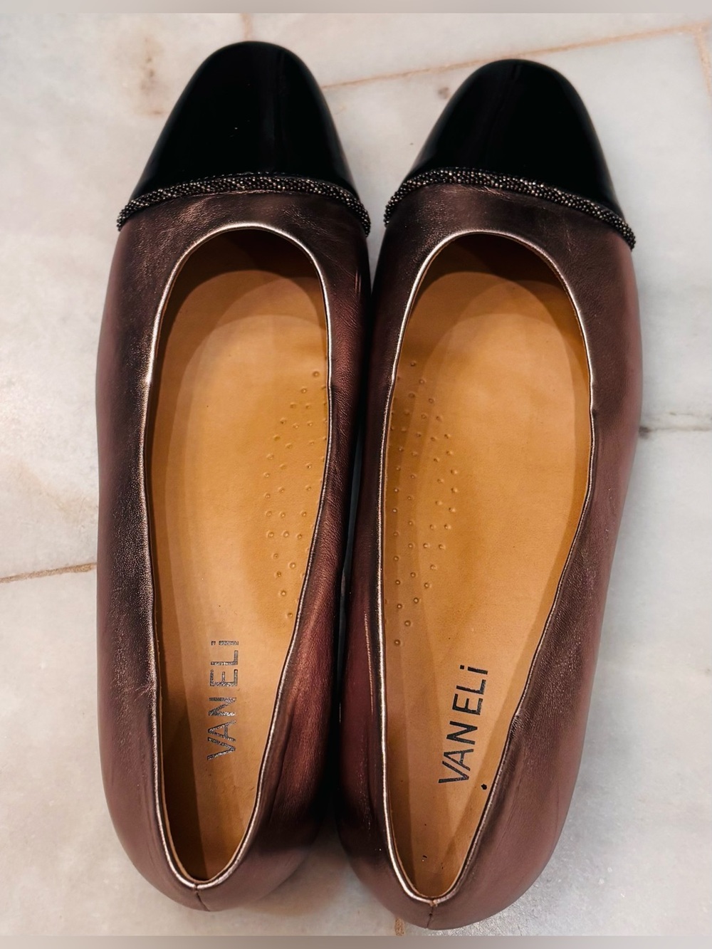 Vaneli Bronze Metallic Pewter Flats with Black Patent Cap Toe. Size 9.5